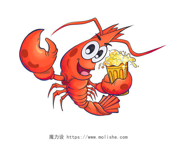 卡通小龙虾国潮啤酒红色小龙虾PNG素材